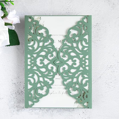 20Pcs Sage Green Laser Cut Invitation Cards With Blank Inner Sheets for Wedding Cards Bridal Shower Engagement Quinceanera Invitation (No Envelopes)
