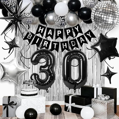 30th Birthday Decorations for Men Women, Black Silver Happy Birthday Party Decorations， 30 Year Old Party Supplies with Number 30 Balloons, Banner, Fringe Curtains Kit