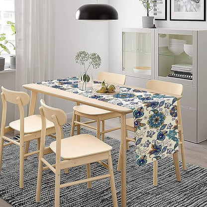 Oriental Paisley Table Runner, Luxury Vintage Blue Teal Floral Butterflies Print Table Runner for Home Dining Kitchen Coffee Table Party Decor, 13x70inch