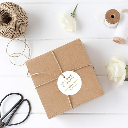 Andaz Press Personalized Round Circle Wedding Gift Tags, Metallic Gold Ink, with Love and Thanks, 24-Pack, Custom Made Any Name