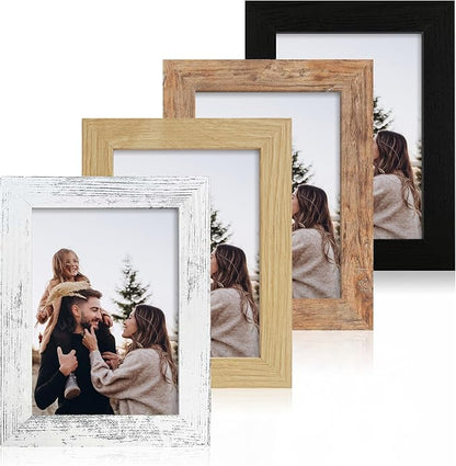 5x7 Picture Frame Set of 4, High Definition Real Glass 5 x 7 Photo Frames for Desktop Display and Wall Mounting(Distressed White+Oak+Rustic Brown+Black)