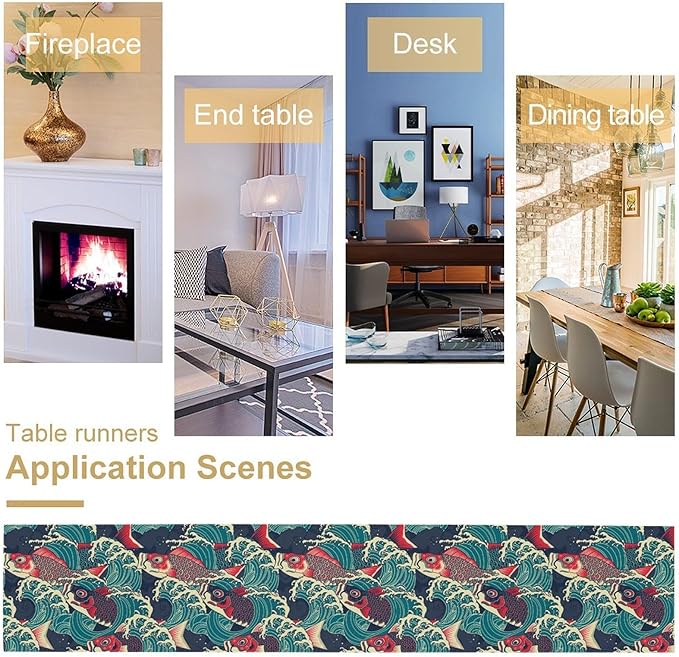 Kio Fish Table Runner Waves Japanese Tradition Art Printed Burlap Runner Home Kitchen Dining Table Living Room Decor Fabric 1 Panel W13xL108in