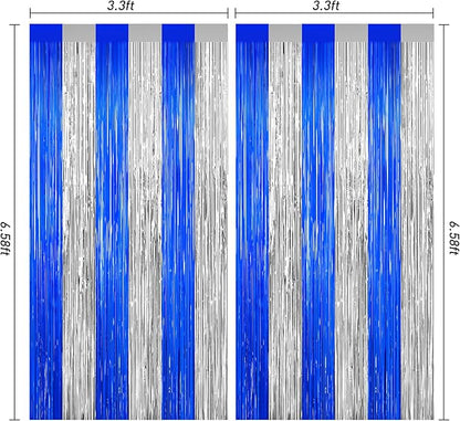 Silver and Blue Tinsel Backdrop Foil Fringe Curtains, 2Pack Birthday Door Decorations Photo Backdrop, Party Streamers Supplies for Bachelorette, Graduation, Christmas, Disco Decor New Year Decorations