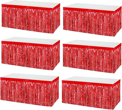 6 Pack 29x108 Inch Metallic Foil Fringe Tinsel Table Skirts Banner for Rectangle Tables Streamer Garland Curtains Backdrop for Wedding, Birthday, Parade Floats, Christmas Party Decoration(Red)
