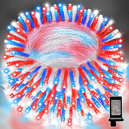 LAMPHOME 66ft Patriotic String Lights - Red White Blue Mini Lights, 200 LED Transparent Wire Fairy Starry String Lights Plug in, 11 Lighting Modes for Outdoor Tree Party Decoration (Red White Blue)
