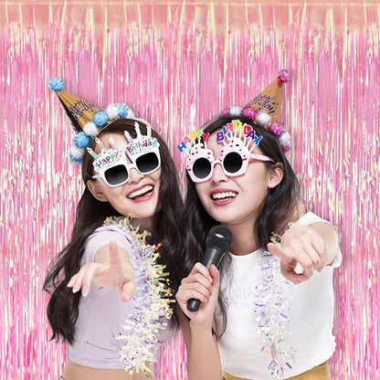BRAVESHINE Clear Pink Streamers Party Decorations Iridescent Foil Fringe Backdrop - 2 Pack 3.2 x 6.5 ft Holographic Tinsel Curtain Party Photo Backdrop for Valentine’s Girl Birthdays Engagement Decor