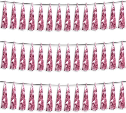 3P Light Pink Foil Fringe Metallic Tassel Streamers Banner Tassel Garland for Parade Floats, Bachelorette, Wedding, Birthday, Halloween, Christmas, Bridal/Baby Shower Party Decorations