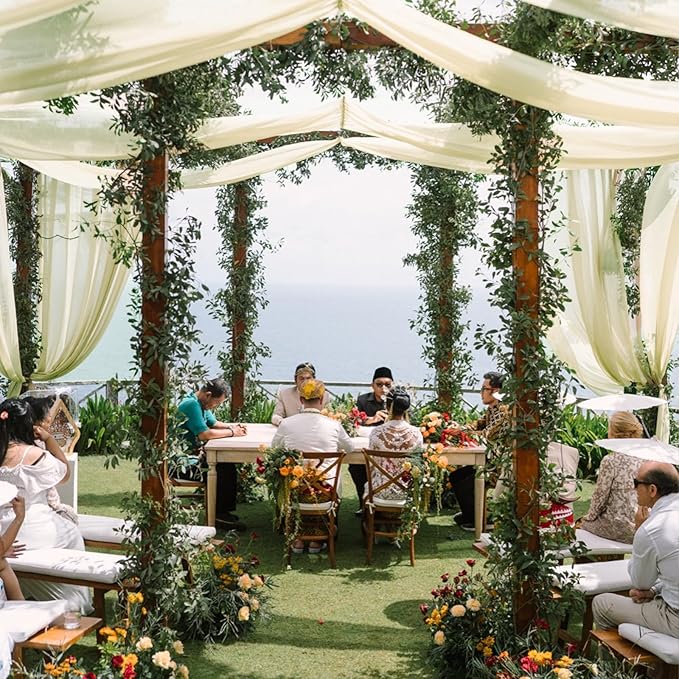 VOK Wedding Arch Draping Fabric Chiffon Curtains, 29in x 18Ft Sheer Chiffon Outdoor Curtain for Wedding Ceremony Birthday Party Decoration (Light Yellow,4 Panel)