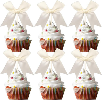 24 PCS Bow Cupcake Toppers Bowknot Coquette Bow Girls Birthday Cake Decorations Bow Cake Toppers Bowknot Cupcake Picks for Baby Shower Birthday Wedding Bridal Engagement Party Supplies Beige