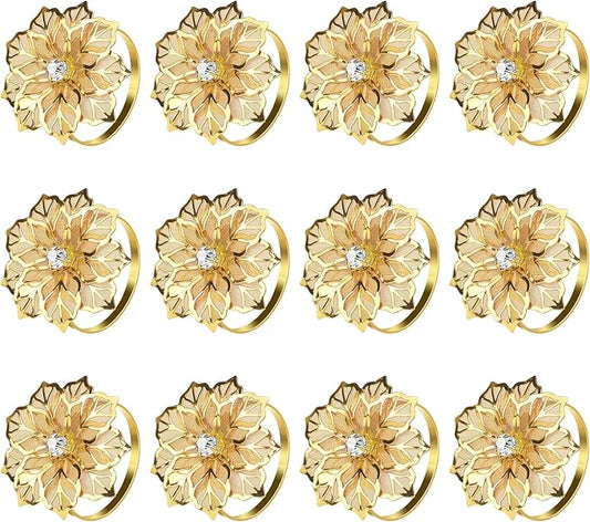 KPOSIYA Flower Napkin Rings Holder Metal Gold Napkin Rings Set of 12 for Wedding Party Holiday Banquet Christmas Dinner Delicate Serviette Buckles Decor Favor (12, Flower-Gold)