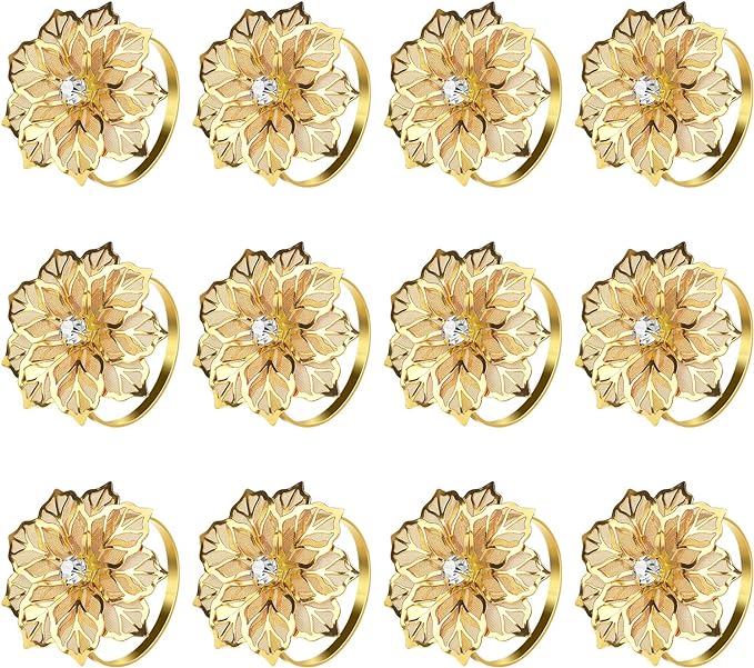 KPOSIYA Flower Napkin Rings Holder Metal Black Napkin Rings Set of 50 for Wedding Party Holiday Banquet Christmas Dinner Delicate Serviette Buckles Decor Favor (50, Gold)