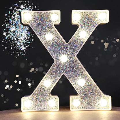 Pooqla Light Up Letters, LED Marquee Letters for Silver Birthday Decorations, Battery Powered Night Light Teenager Girl Room Decor, Gift for Girls Boys Wedding Bedroom Christmas Party Decor, Letter X