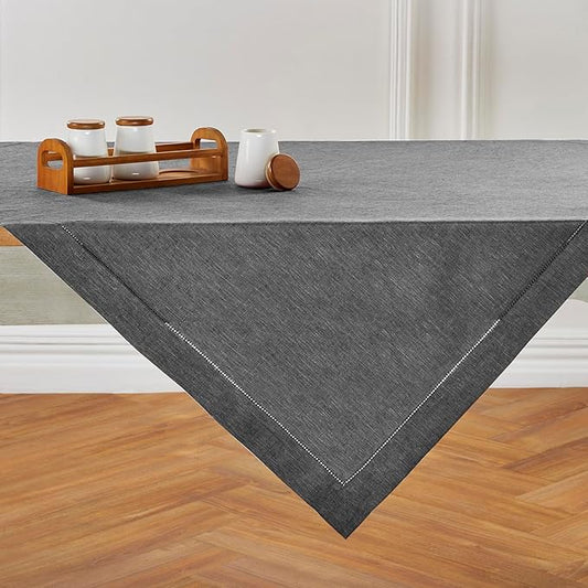 Solino Home Linen Tablecloth 52 x 52 Inch - 100% Pure Linen Charcoal Grey Square Tablecloth - Milan Hemstitch, Machine Washable Table Throw for Fall, Autumn, Halloween, Thanksgiving, Christmas