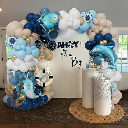 Nautical Balloon Arch Kit,154Pcs Navy Blue Sand White Gold Balloon Garland with Tropical Fish,Whale,Dolphin Foil Balloons for Sea Sailing Nautical Baby Shower Ocean Animals Birthday Party Decorations