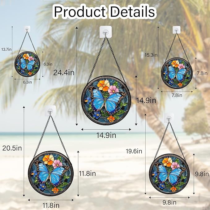 Stained Glass Window Hanging, Blue Butterfly Flower Suncatcher for Doors Home Sun Catchers Decoration and Christmas, Mother's Day Birthday Gifts for Women, Men, and Mom 9.8 in