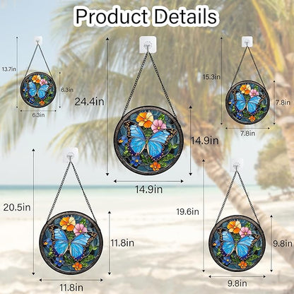 Stained Glass Window Hanging, Blue Butterfly Flower Suncatcher for Doors Home Sun Catchers Decoration and Christmas, Mother's Day Birthday Gifts for Women, Men, and Mom 9.8 in