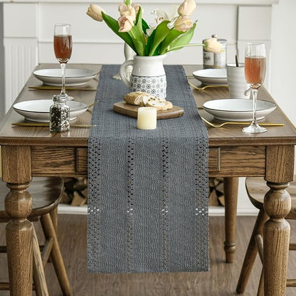 Artoid Mode Dark Grey Farmhouse Woven Rustic Hollow Table Runner, Seasonal Holiday Hollow Kitchen Dining Table Decoration for Home Party Decor 12x120 Inch