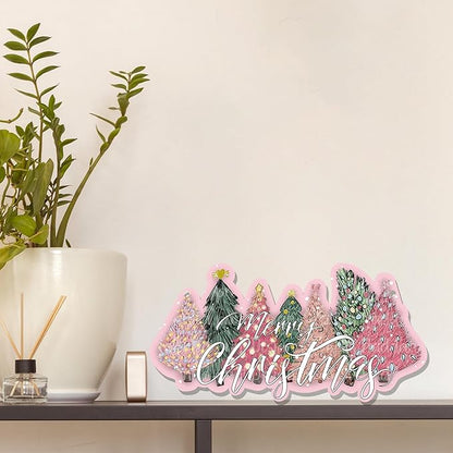 CGBHW Pink and Green Christmas Tree Wooden Sign, Merry Christmas Decoration Hanging Sign Wall Decor, Pink Christmas Holidays Theme for Home Office Girls College Dorm Door Decor 12 x 6 Inch