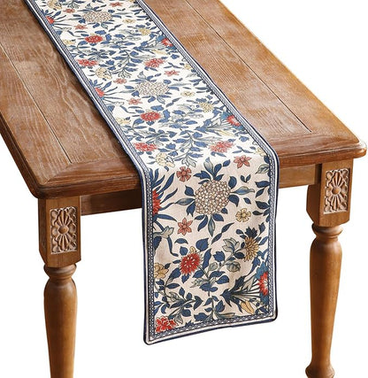 patdrea Designer Blue Cottage Rustic Floral Patterned Linen Table Runner 87 Inch Long,Wrinkle Resistant Table Mat,Decoration for Kitchen Dining and Coffee Tables Banquet Christmas , 12"x87"