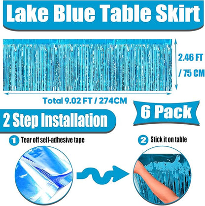 6 Pack 29x108 Inch Metallic Foil Fringe Tinsel Table Skirts Banner for Rectangle Tables Streamer Garland Curtains Backdrop for Wedding, Birthday, Parade Floats, Christmas Party Decoration(Lake Blue)