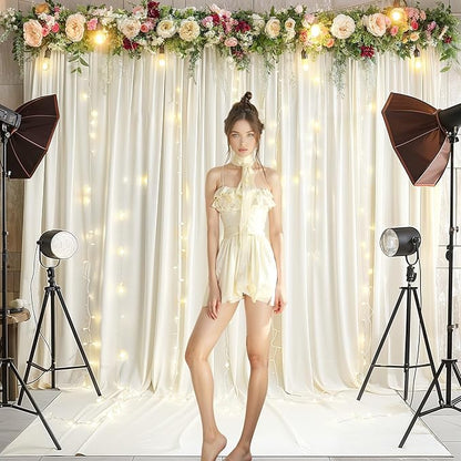 Ivory Backdrop Curtains with Lights for Baby Shower,10x10FT Wrinkle Free Ivory Drapes Photo Backdrop Curtains for Wedding Birthday Party Ceremony Photography Photoshoot Decorations-5ft x 10ft
