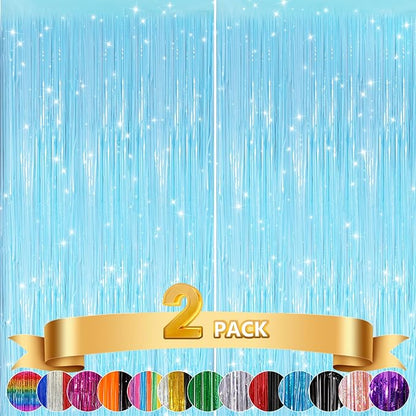 GCB 2Pack Macaron Blue Metallic Tinsel Foil Fringe Curtains, Pastel Blue Door Streamers Photo Booth Backdrop for Birthday Party, Tinsel Curtain Backdrop for Baby Shower Bachelorette Party Decorations