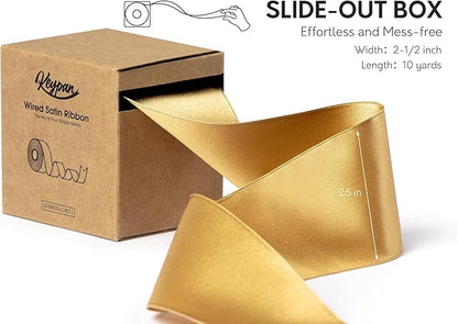 Gold Satin Ribbon Double-Faced Wired Ribbons for Gift Wrapping Flower Bouquet Bows Wedding Invitation Christmas Decor Crafts 2-1/2 Inch 10 Yards