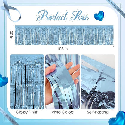 2 Pack Light Blue Lake Blue Table Skirts, 29x108" Metallic Foil Tinsel Fringe Table Skirt for Rectangle Tables Streamer Curtains Backdrop, Party Decorations for Birthdays, Weddings, Holidays