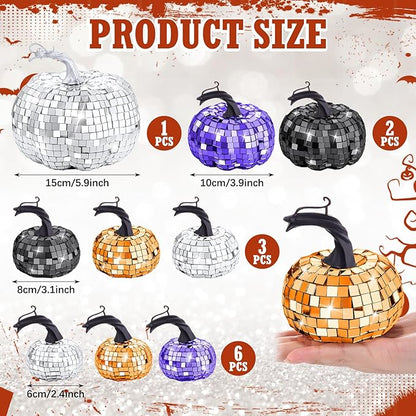 Lenwen 12 Pcs Artificial Disco Pumpkin Glitter Mirror Pumpkin for Decorating Fall Farmhouse Hanging Ornament Harvest Decor for Halloween Thanksgiving Table Centerpiece(Orange, Sliver, Black, Purple)