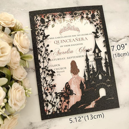 20PCS Castle Pocket Invitations, Quinceanera Invitations with Envelopes, Princess Invitation, Laser Cut quince invites (glitter black)