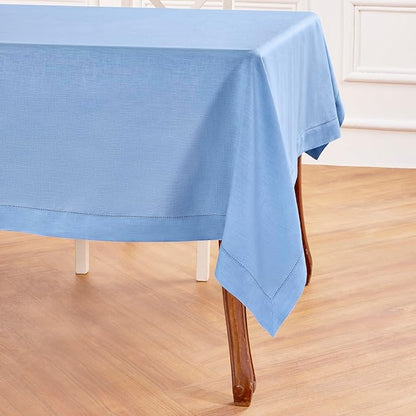 Solino Home Cornflower Blue Linen Tablecloth 60 x 90 Inch - 100% Pure Linen Hemstitch Table Cloth for Rectangle Tables - Classic Hemstitch, Machine Washable Tablecloth for Christmas, Holiday