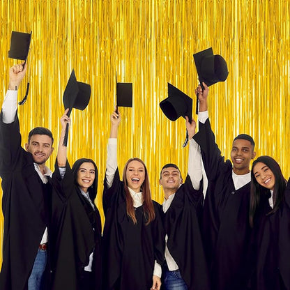 4 Pack 2025 Graduation Party Decorations, 3.28 x 7.05 Feet Gold Grad Curtains, Metallic Gold Backdrop Curtain Class of 2025 Backdrop Party Streamer, Congrad Backdrop Grad Decor 2025