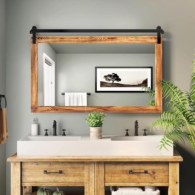 COGOOD Farmhouse Bathroom Mirror - 49 x 30 Rustic Wood Framed Wall Barn Door Mirror for Entryway, Living Room, Entryway Wall Decor (Brown)