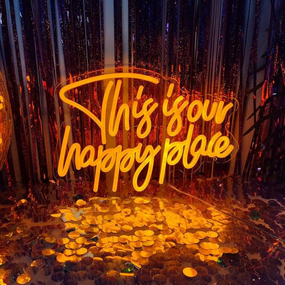 This is Our Happy Place Neon Signs for Wall Decor, My Happy Place LED Light Sign This is Our Place We Make The Rules Decor for Bedroom Man Cave Home Bar Birthday Party, 14.3" x 10"