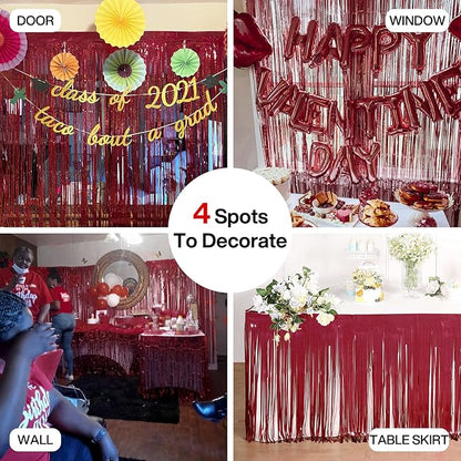 PartyWoo Red Streamers Fringe Curtain Backdrop 2pcs 8.2 ft Red Tinsel Foil Backdrop for Birthday Graduation Bachelorette Citizenship Strawberry Cherry Casino Movie Marry Me Theme Party Decorations