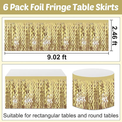 6 Pack 29x108 Inch Light Gold Wave Foil Fringe Table Skirts Metallic Banner for Tinsel Streamer Garland Backdrop for Parade Floats Wedding, Mother's Day, Birthday Mardi Gras Party Decorations