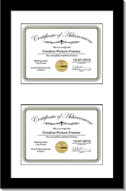 Creative Picture Frames 10X16Bk-W Black Vertical Double Diploma Frame With 2 Opening White Matting | Holds 2-6X8-Inch Documents With Installed Wall Hanger (White Mat-Vertical Black Frame, 7X9)