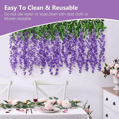 24Pack Purple Wisteria Hanging Flowers, 3.44 Ft Fake Hanging Flowers, Artificial Wisteria Garland Vines for Wedding Room Backdrop Outdoor Patio Garden Decoration