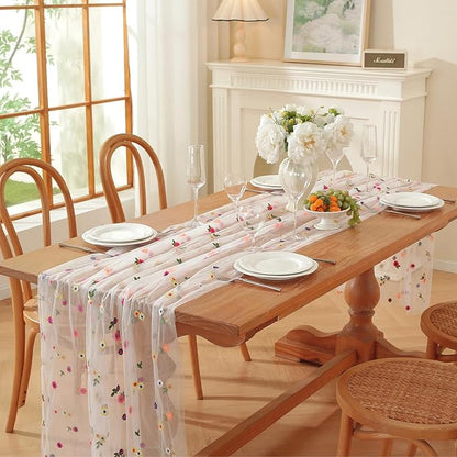 Champagne Embroidery Daisy Fall Table Runner 120Inch 10FT Florals Soft Sheer Tulle Fabric Table Runner for Home Decor, Brithday, Wedding, Baby Shower ,Holiday ,Parties, DIY Craft,1PC