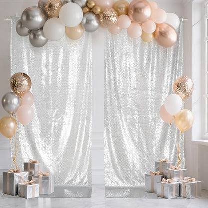 SquarePie Sequin Backdrop Curtain 8FT x 10FT Silver Satin Backing Fabric Photography Background for Wedding Patry 4FT x 10FT 2 Panels