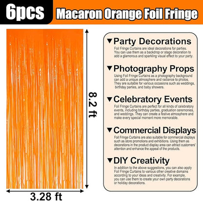 6 Pack Macaron Orange Foil Fringe Curtain Backdrop, 3.28Ft x 8.2Ft Metallic Tinsel Foil Fringe Streamer Curtains for Photo Booth, Birthday, Wedding, New Year Party Decorations