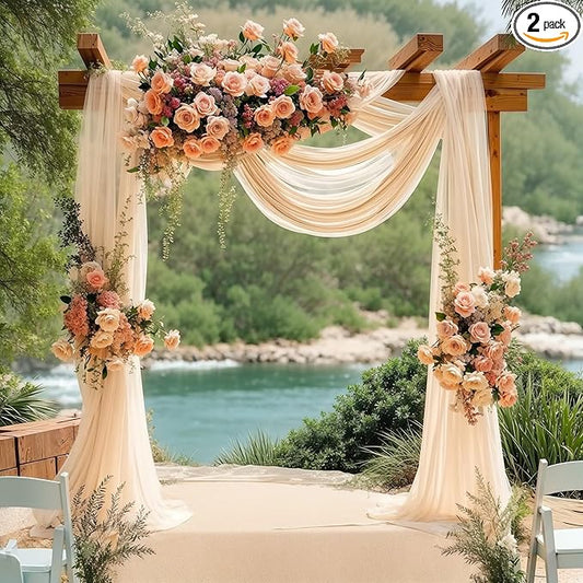 2 Panels Wedding Arch Draping Fabric Champagne Sheer Backdrop Curtain Arch Drape for Wedding Ceremony Reception,Bridal Shower Party Decorations 28" X 19ft