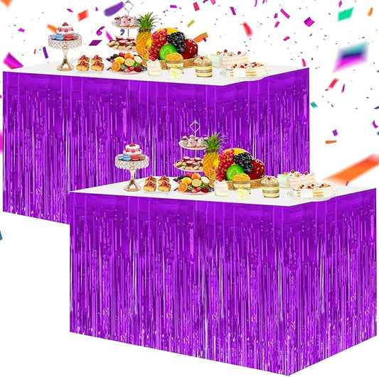 BEISHIDA 2 Pack Dark Purple Metallic Tinsel Foil Fringe Table Skirts for Rectangle and Round Tables - Birthday & Holiday Party Decorations