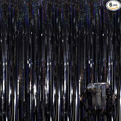 6 Pack Black Foil Fringe Curtain Backdrop, 3.28Ft x 8.2Ft Metallic Tinsel Foil Fringe Streamer Curtains for Photo Booth, Birthday, Wedding, New Year Party Decorations