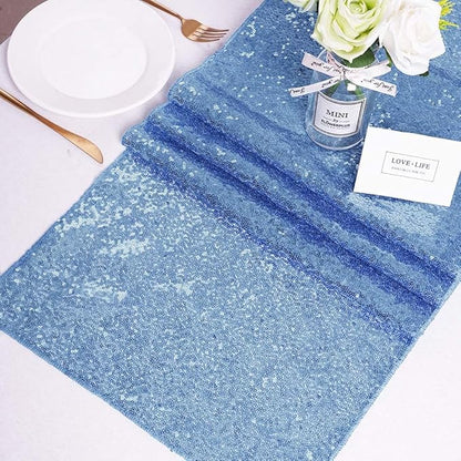 Sequin Table Runners 5 Pieces Baby Blue Table Runners 12x72 Inch Glitter Table Cover for Party Wedding Birthday Reception Banquet Decoration Spring Party Chair Sashes