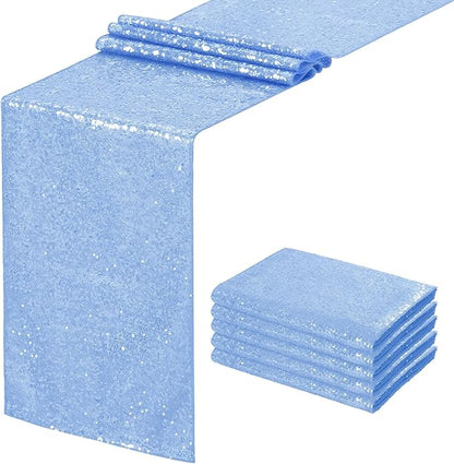 Sequin Table Runners 5 Pieces Baby Blue Table Runners 12x72 Inch Glitter Table Cover for Party Wedding Birthday Reception Banquet Decoration Spring Party Chair Sashes