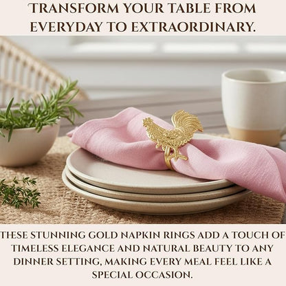 Set of 12 Rooster Napkin Rings for Farmhouse Table Decor | Premium Metal Chicken Dinnerware Holders | Rustic Kitchen & Holiday Party Table Setting (Gold) - ALPHA Living HOME