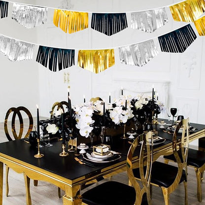 Black Silver Gold Tassel Banner Double Sided Metallic Fabric Pennant Bunting Flag Garland for Graduation Birthday Anniversary Bachelorette Engagement Wedding Bridal Shower Party Decorations Supplies