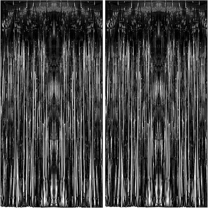 2 Pack Foil Curtain Backdrop Black Metallic Tinsel Foil Fringe Curtains Photo Booth Props for Birthday Wedding Engagement Baby Shower Bachelorette Christmas Holiday Celebration Party Decorations