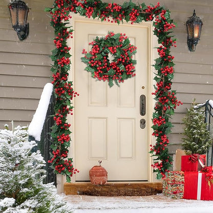 Uguisu 5.6ft Red Artificial Christmas Garland,Eucalyptus Green Garland with Berry Flower Clusters,Artificial Vines for Backdrops, Fireplaces,Dining Tables,Christmas Parties,Indoor and Outdoor Decor.